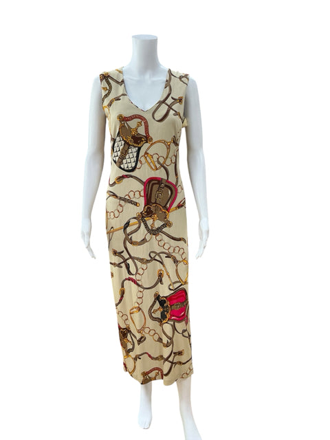 Virna Drò Equestrian Chain Print Sleeveless Maxi Dress Made in Italy Size Medium