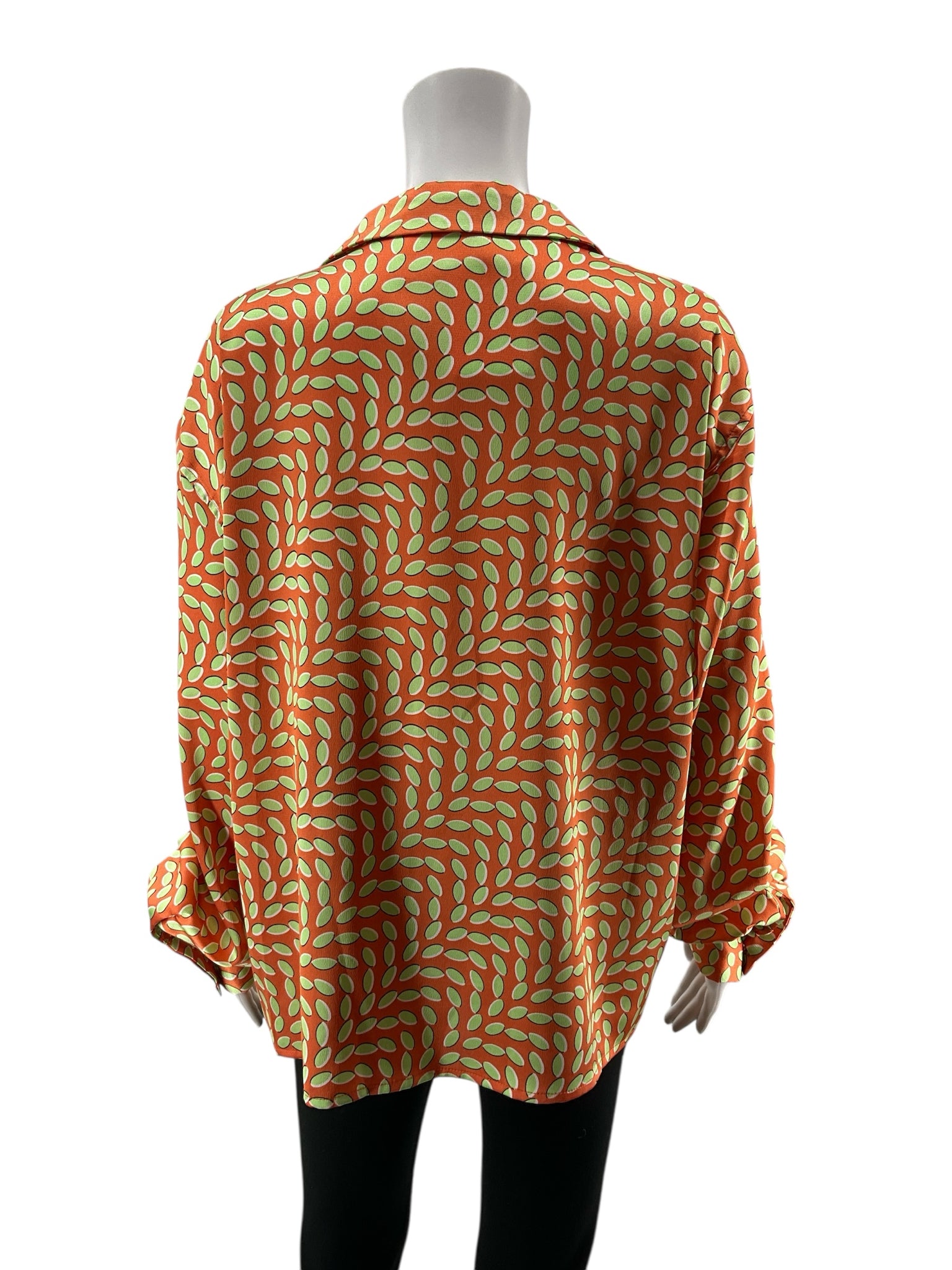 Bailey Rose Geometric Leaf Print V-Neck Blouse Orange Green Size Medium