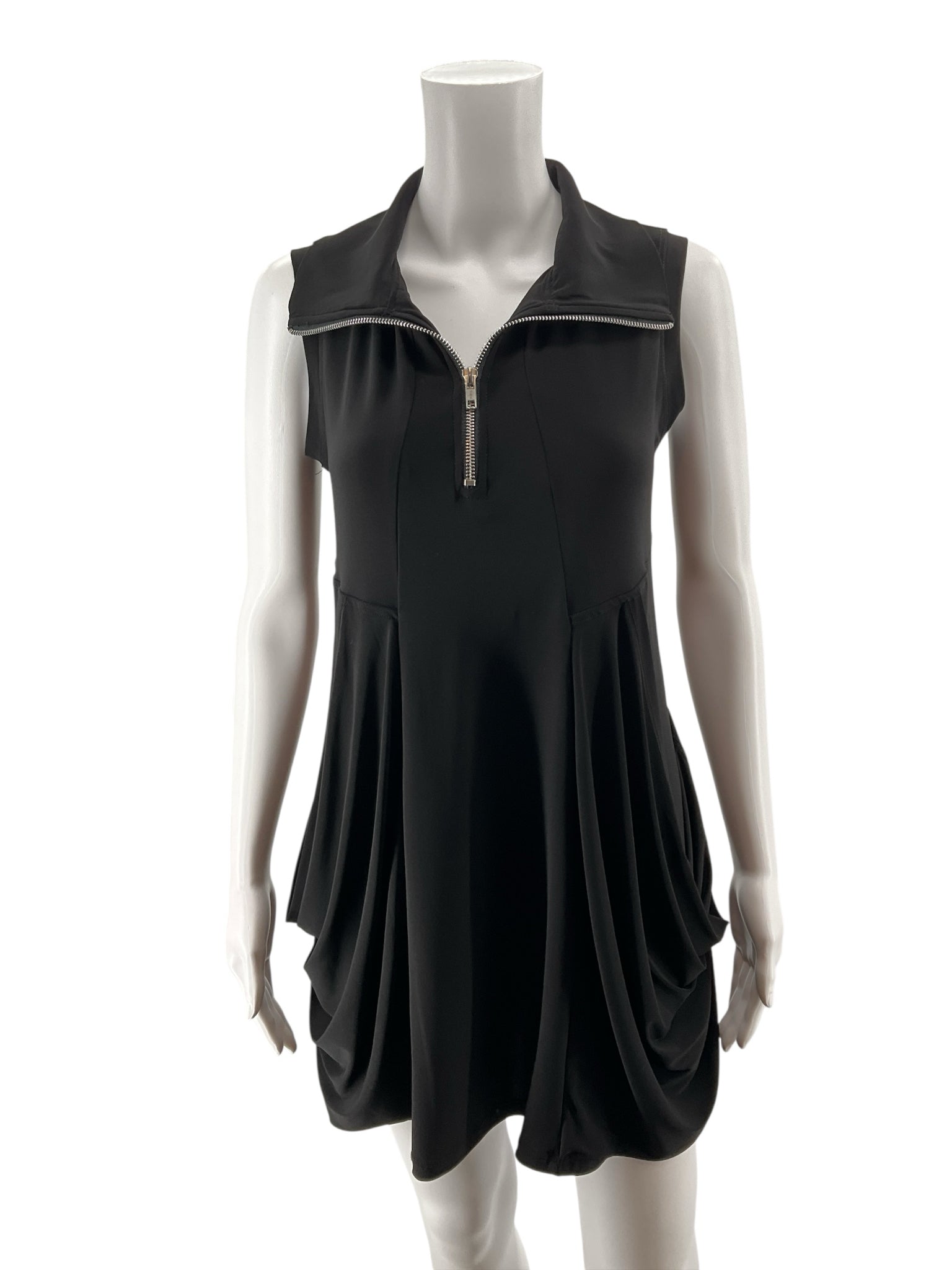 Fashque Ruffle Neck Half-Zip Sleeveless Tunic Dress Black Size Small