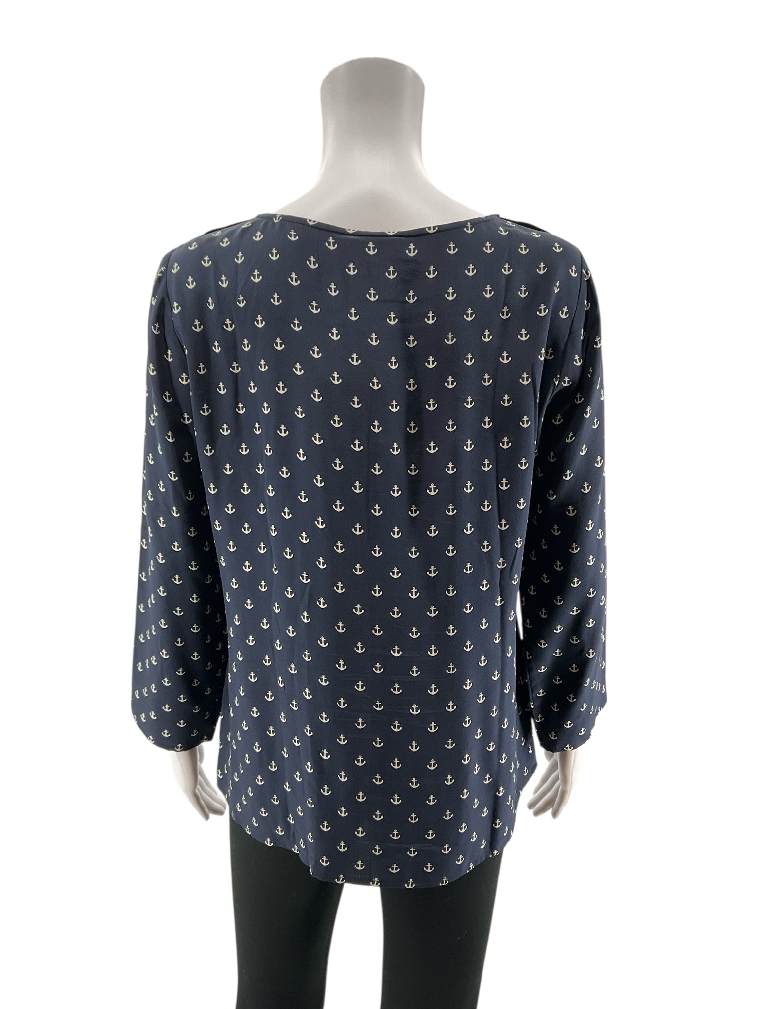 J.Crew Silk Anchor Print Nautical Blouse Navy Top Size 8