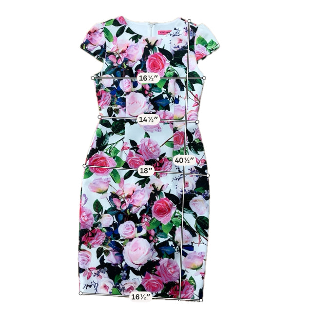 Betsey Johnson Floral Scuba Sheath Midi Dress Pink & Blue Rose Print Size 8