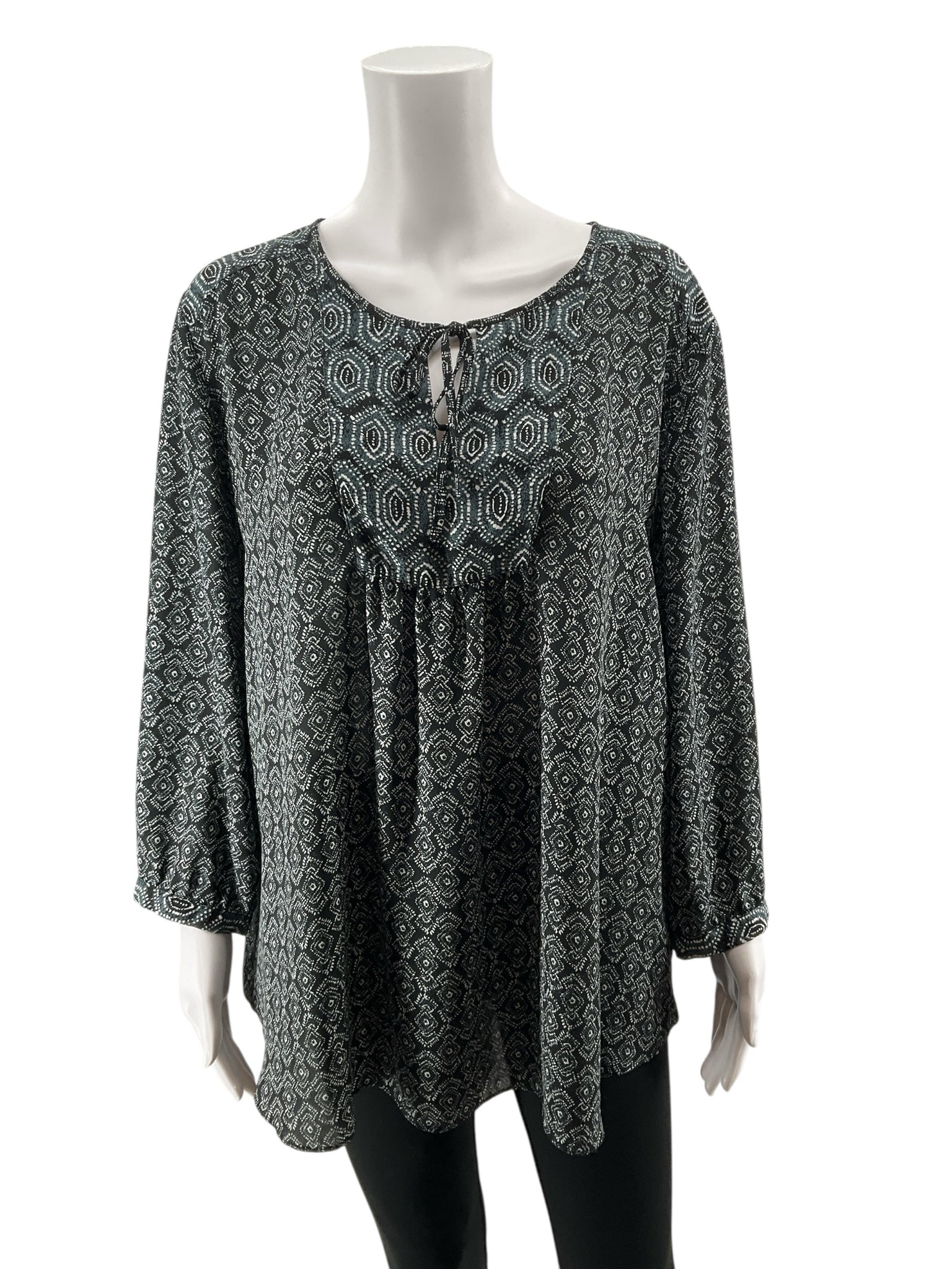 NYDJ Geo Dot Tie-Neck Peasant Blouse Tunic Top Black White Teal XL