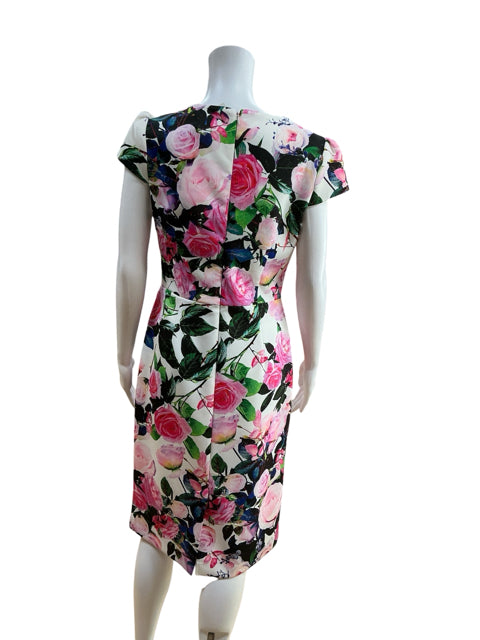 Betsey Johnson Floral Scuba Sheath Midi Dress Pink & Blue Rose Print Size 8