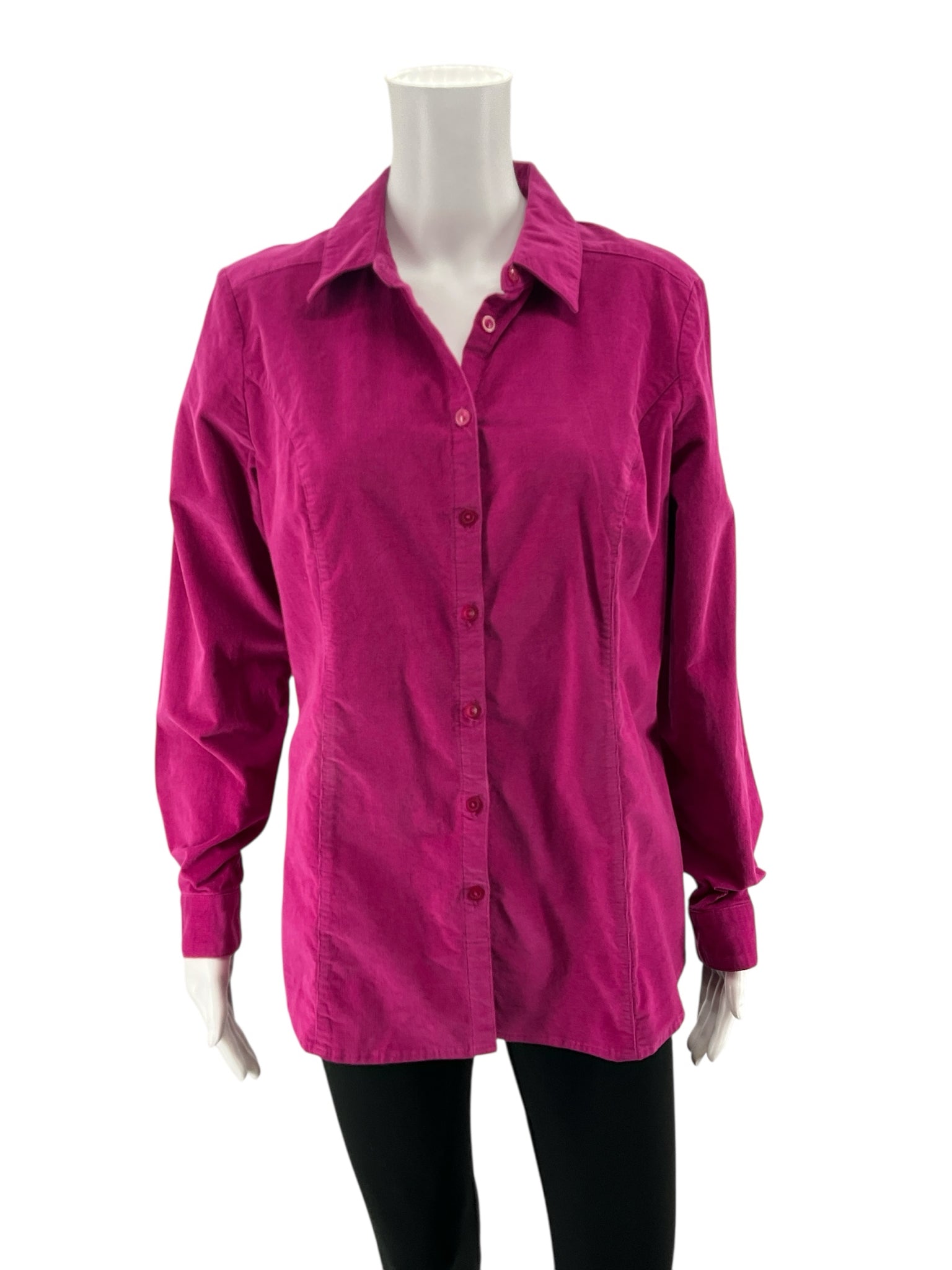 Denim & Co. Fuchsia Pink Stretch Corduroy Button-Front Shacket Top | Size Medium