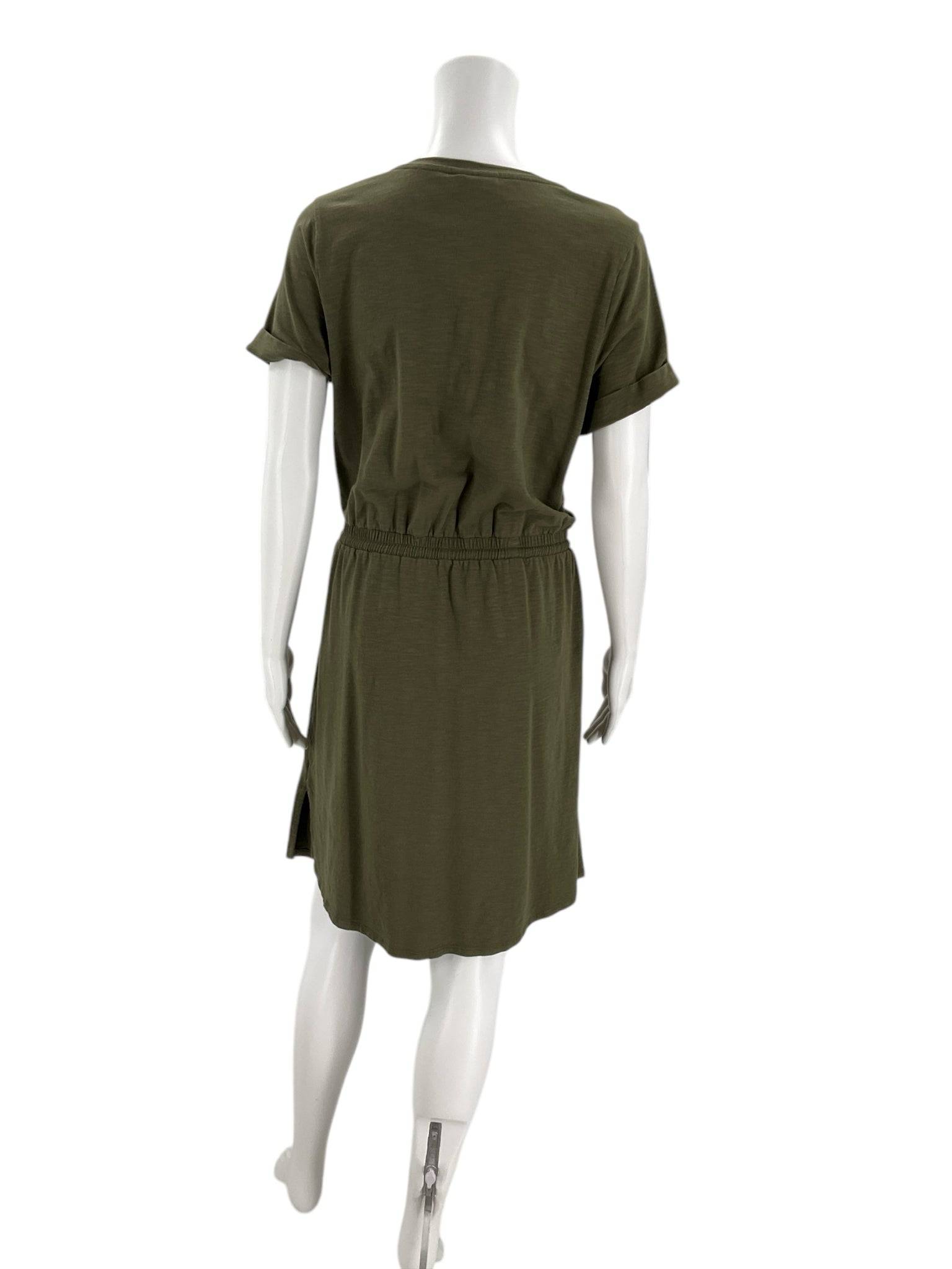 Back view of pre-owned J Jill Dress Size Small in army green with elastic waist and rolled sleeves, sold at Margaret's Fine Consignments.