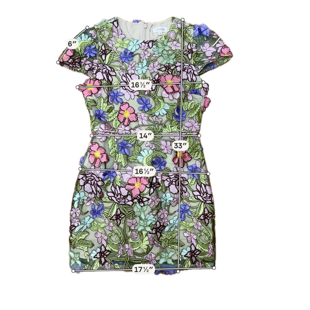 Just Me Embroidered Floral Tulle Mini Dress Green Pink Purple Size Medium