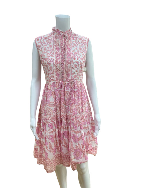 bella tu white/pink Boho Pink & White Floral Ruffle Neck Tiered Cotton Dress Size Medium - Size M