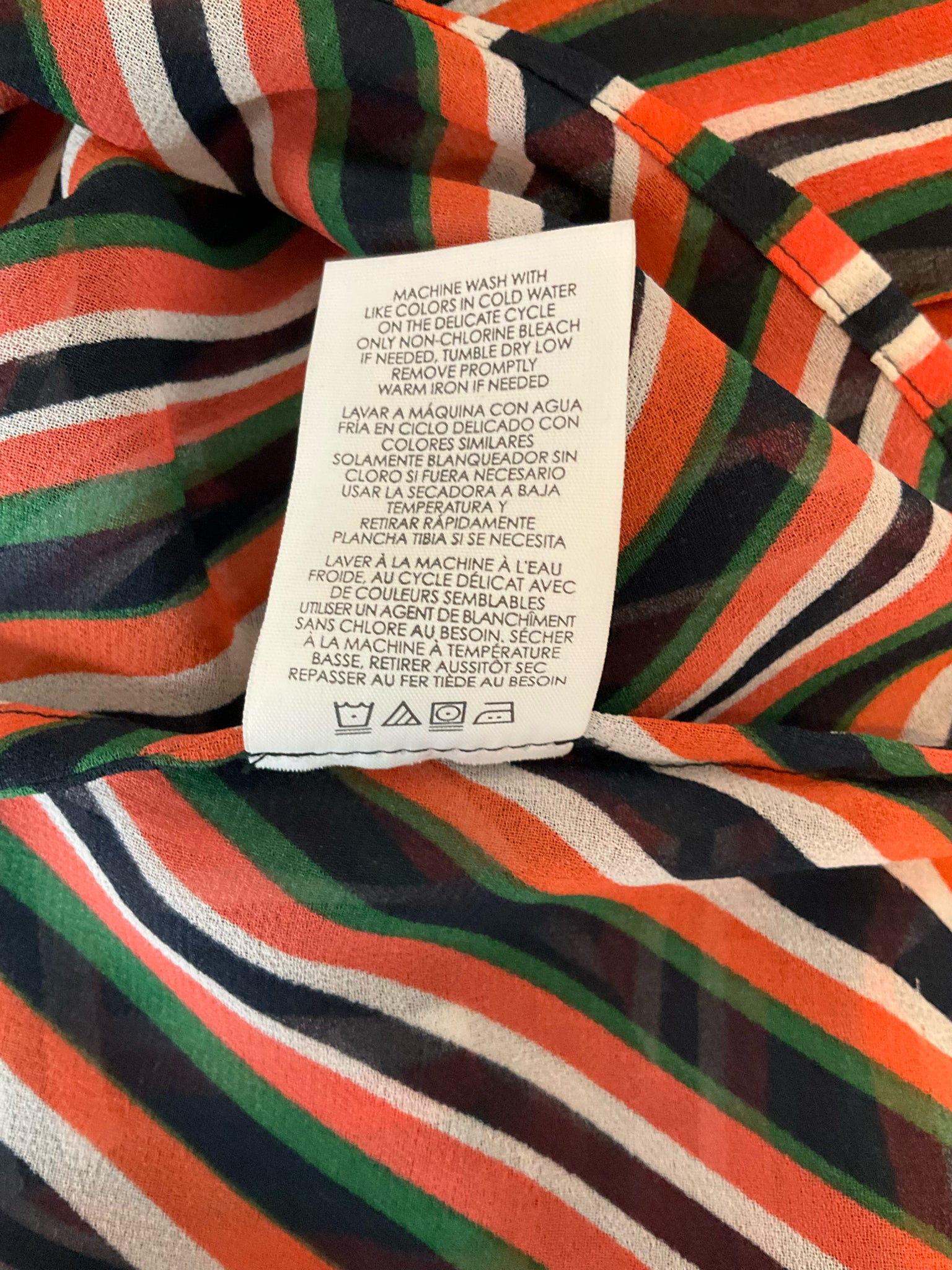 cabi Navy/Green/Coral Long Sleeve Chevron Tunic Top Size Medium Navy Green Coral Stripe Sheer Tie Cuff Blouse 5519 - Size M