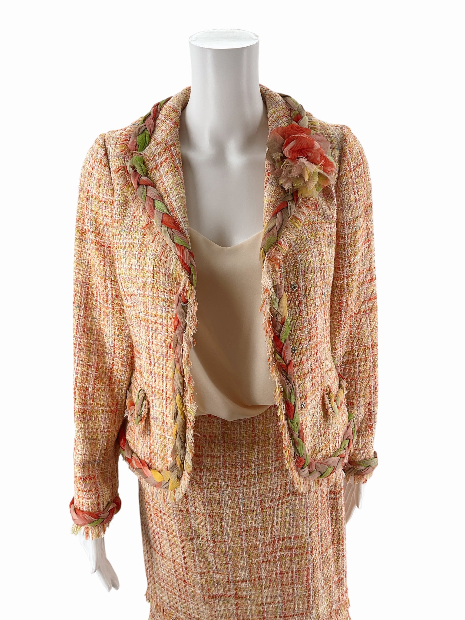 Teri Jon Orange/Green Tweed Pre-Owned Ladies 2 Piece Skirt Suit - Size 2 - ONLINE ONLY