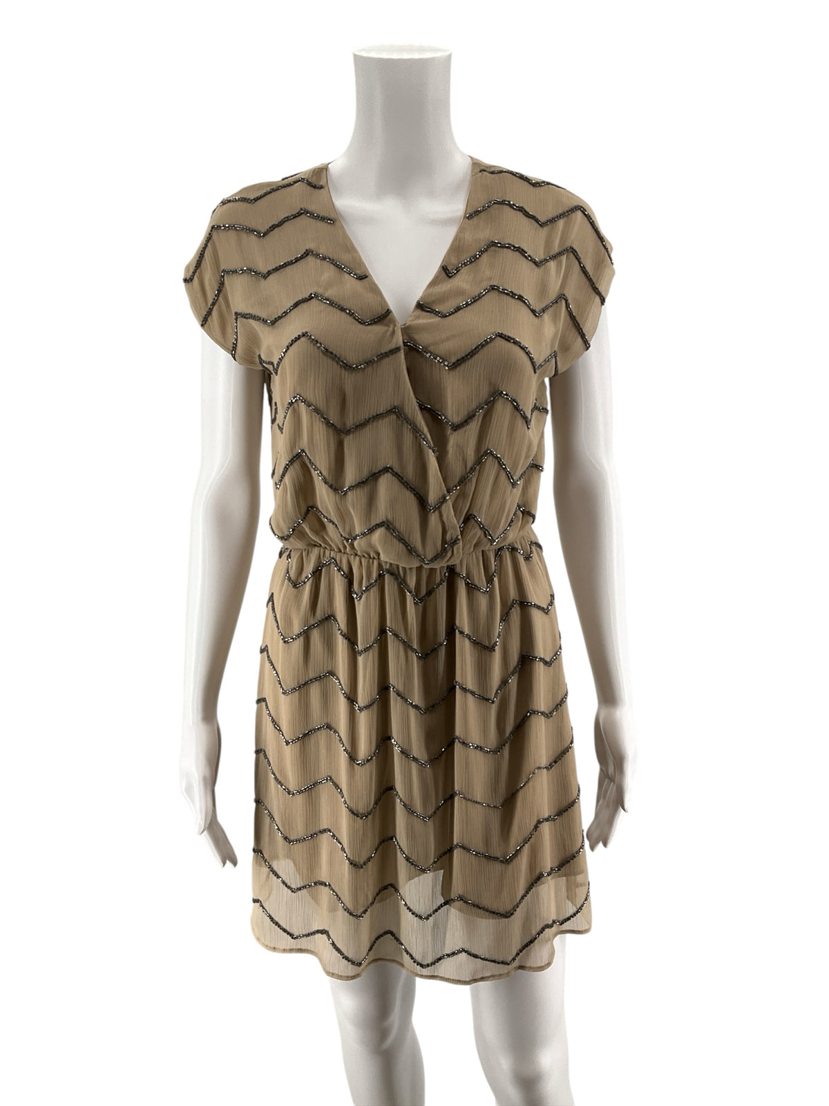 Ranna Gill Tan Chevron Beaded V-Neck Mini Dress Size Petite XS