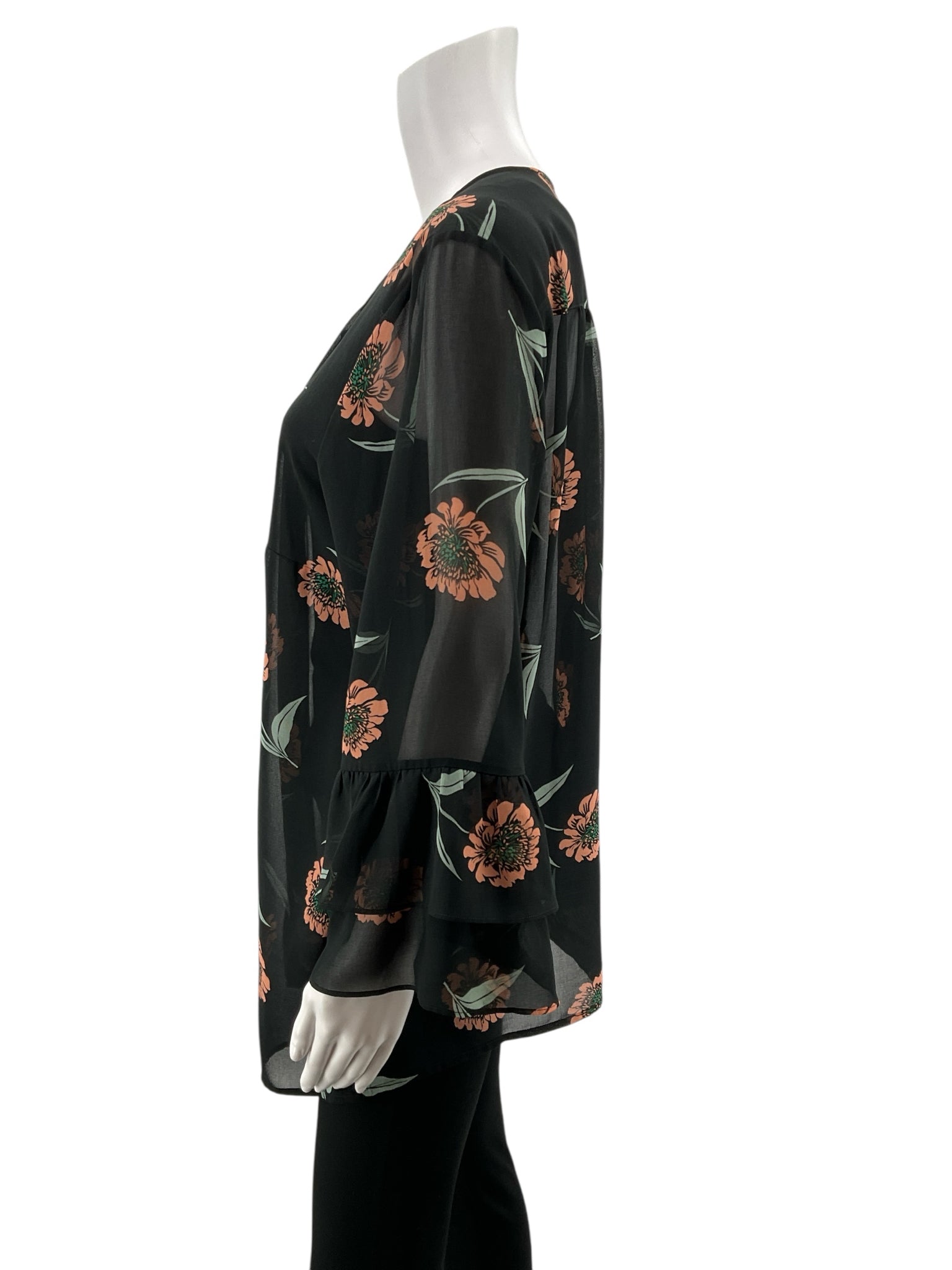 cabi Sundance Top Floral Tiered Ruffle Sleeve Blouse Size XL