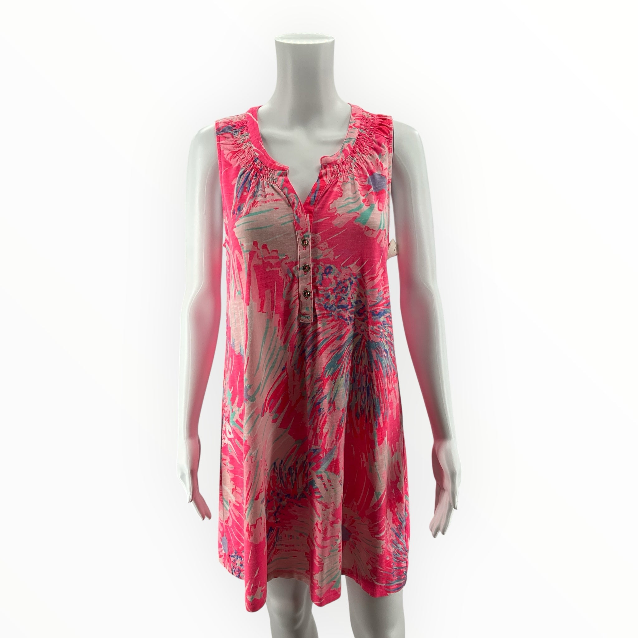 Lilly Pulitzer Marlowe Dress M Pink Blue Floral Henley Sleeveless T-Shirt Dress