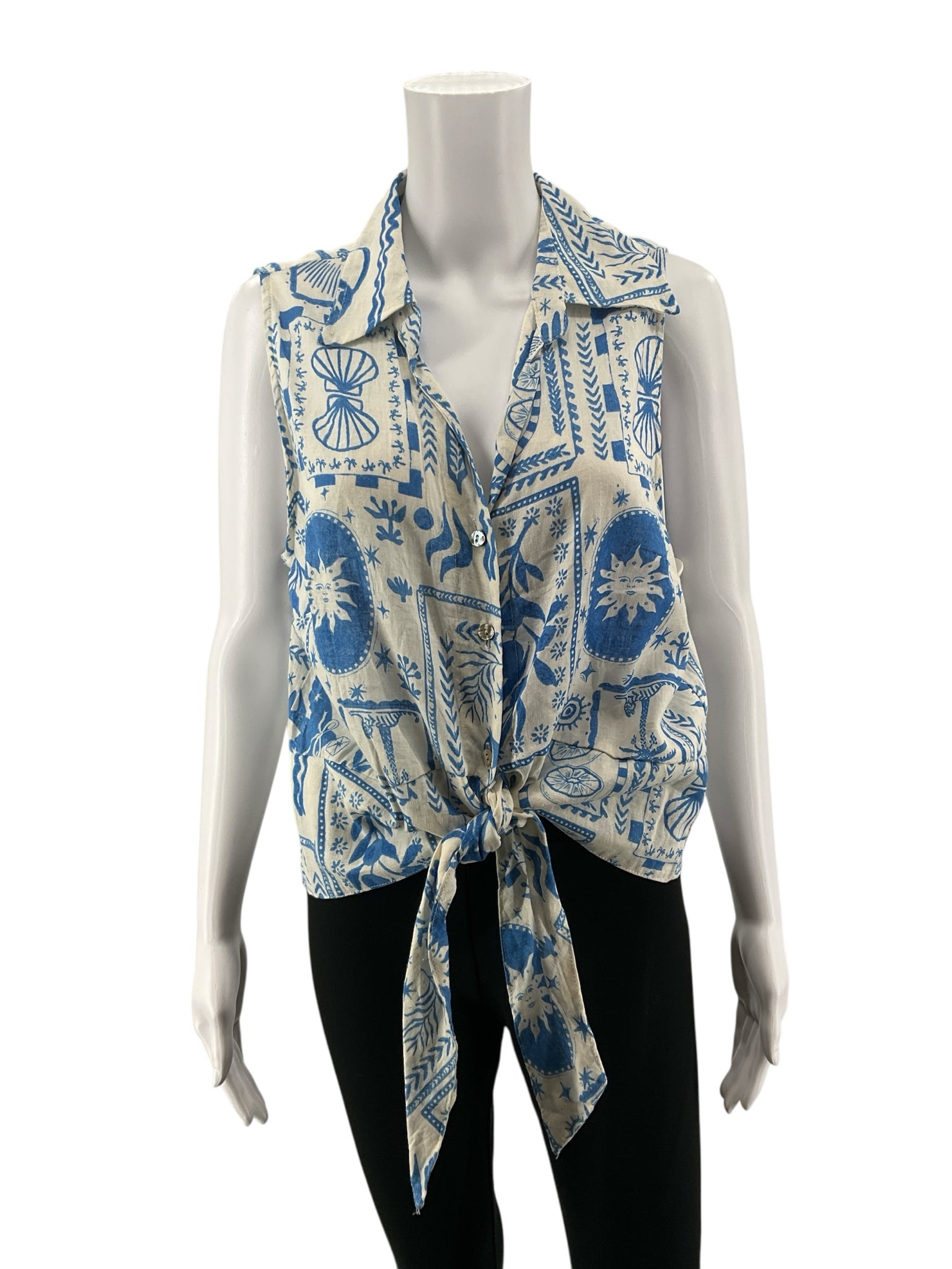 Calypso St. Barth white/blue Sleeveless Coastal Print Linen Blend Tie-Front Tank Top XL - Size XL
