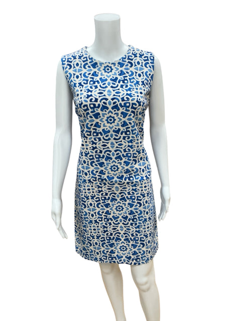 J. Mclaughlin White/Blue Print Pre-Owned Ladies Dress - Size Large