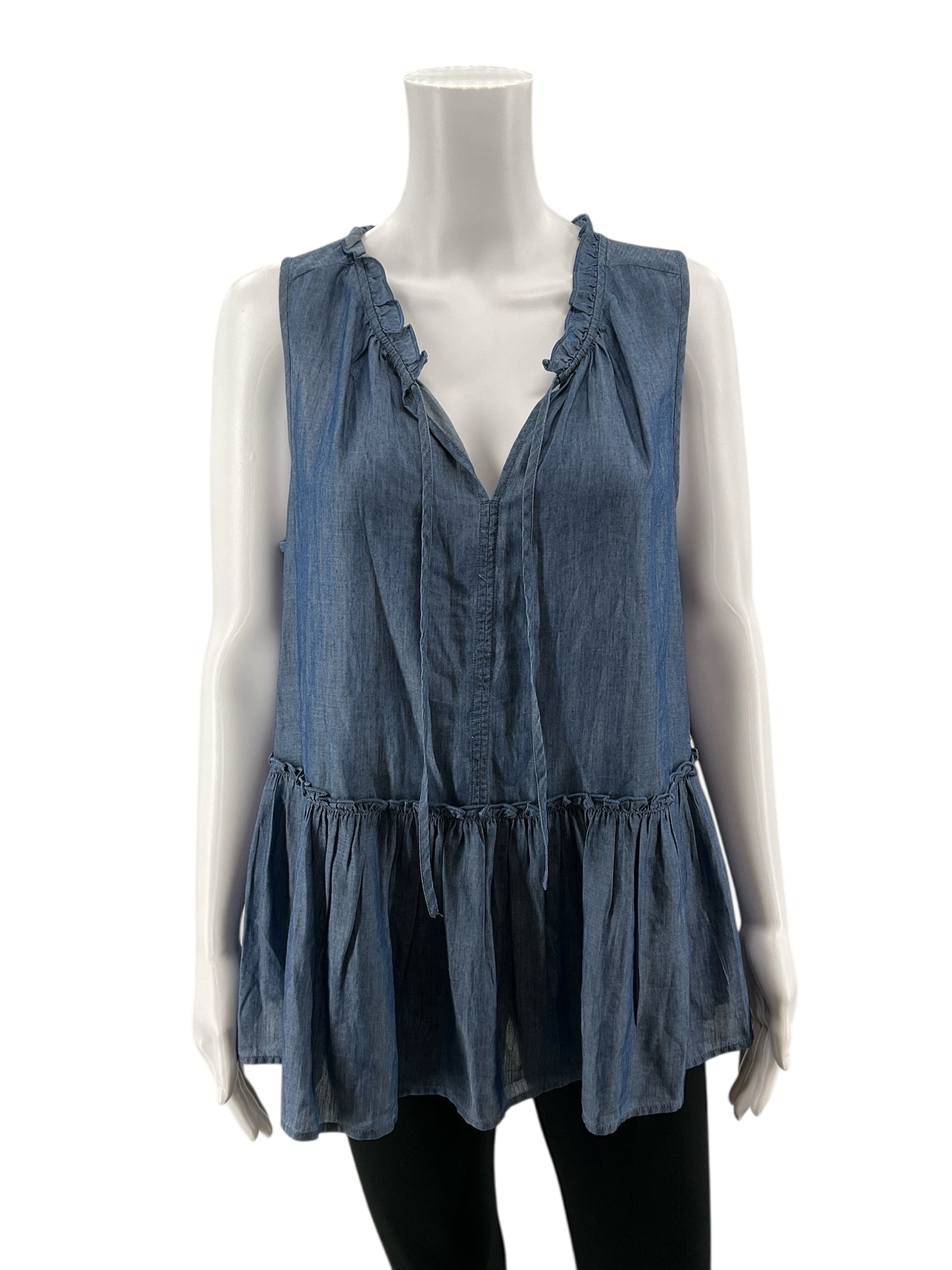 LOFT Outlet Blue Sleeveless LOFT Ruffle Tie Neck Tiered Chambray Tunic Top NWT Size Large - Size L