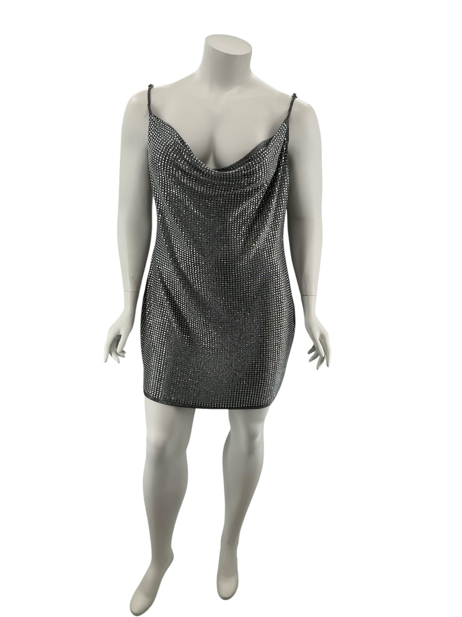 Fashion Nova 3X Rhinestone Cowl Neck Cami Top Metallic Gray Black NWT