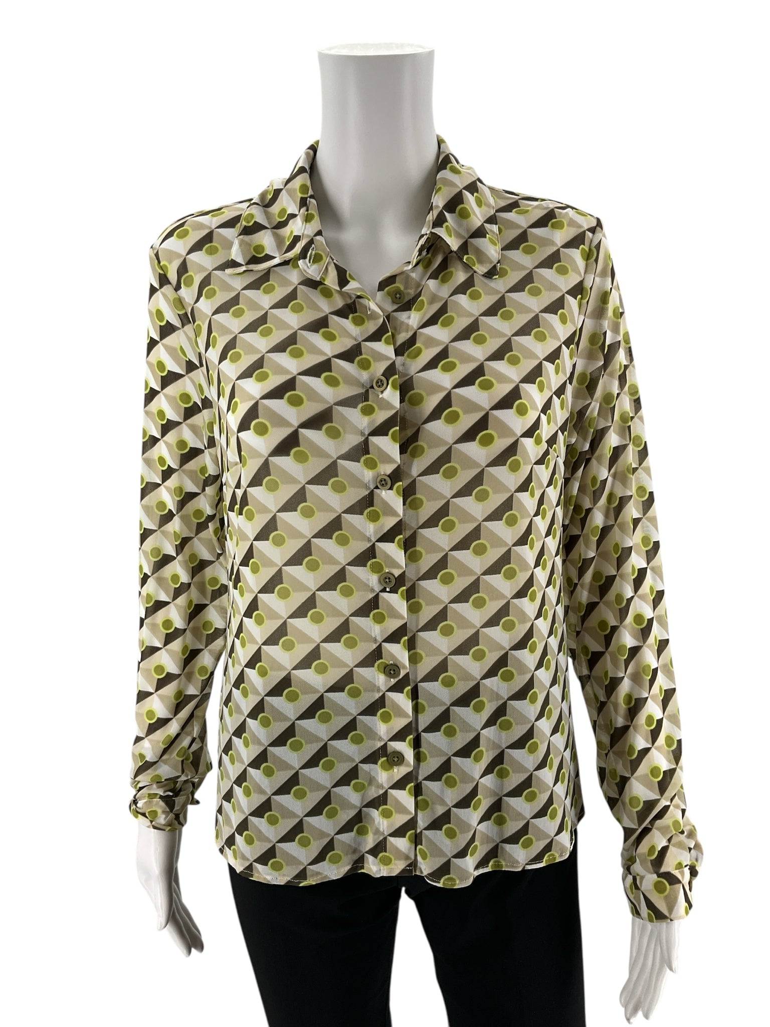 Cabi green and brown print long sleeve button-down blouse for women in size small, featuring a classic collar design.