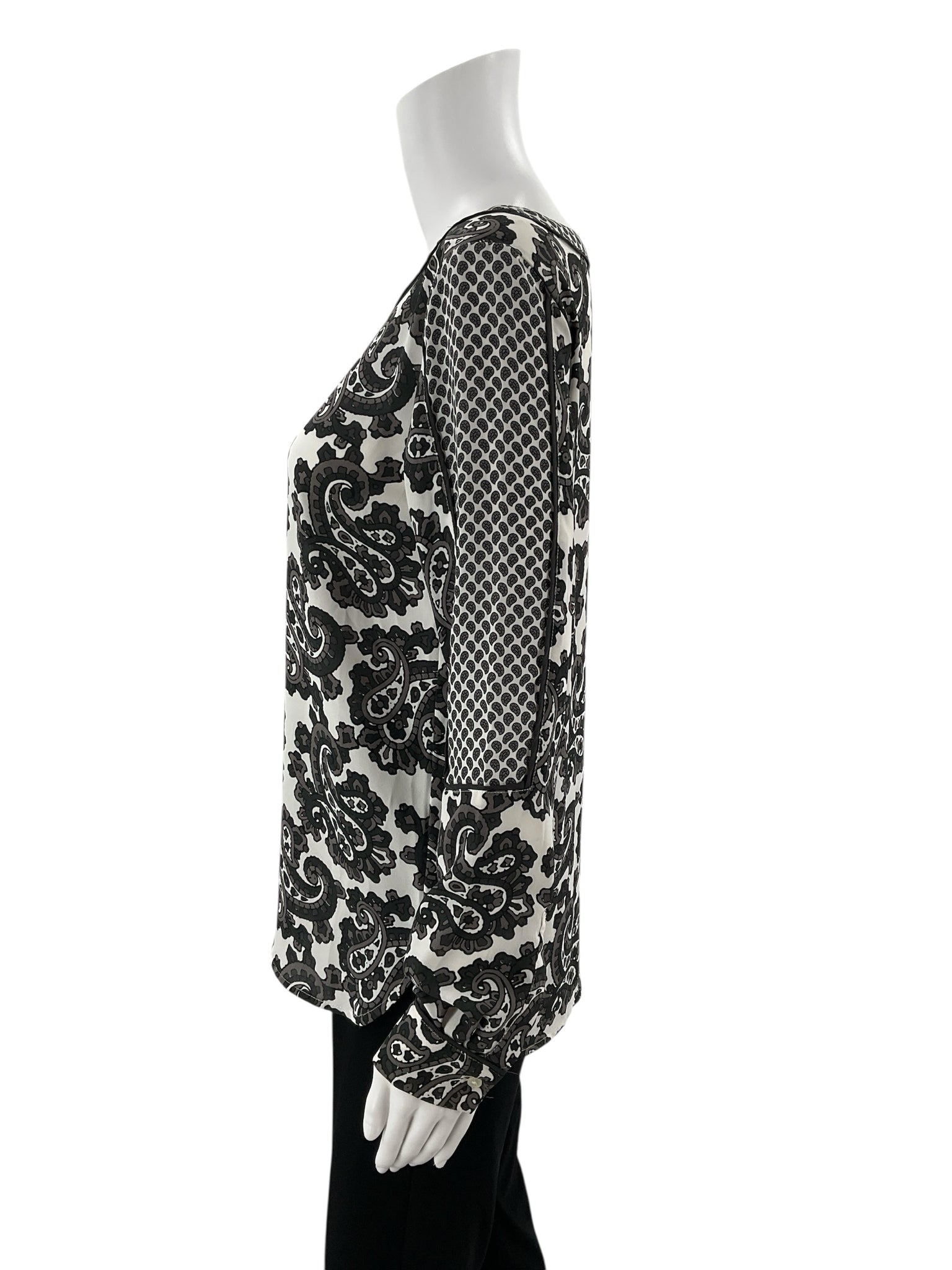 Ann Taylor LOFT Paisley Print Long Sleeve Blouse Black White Gray XS
