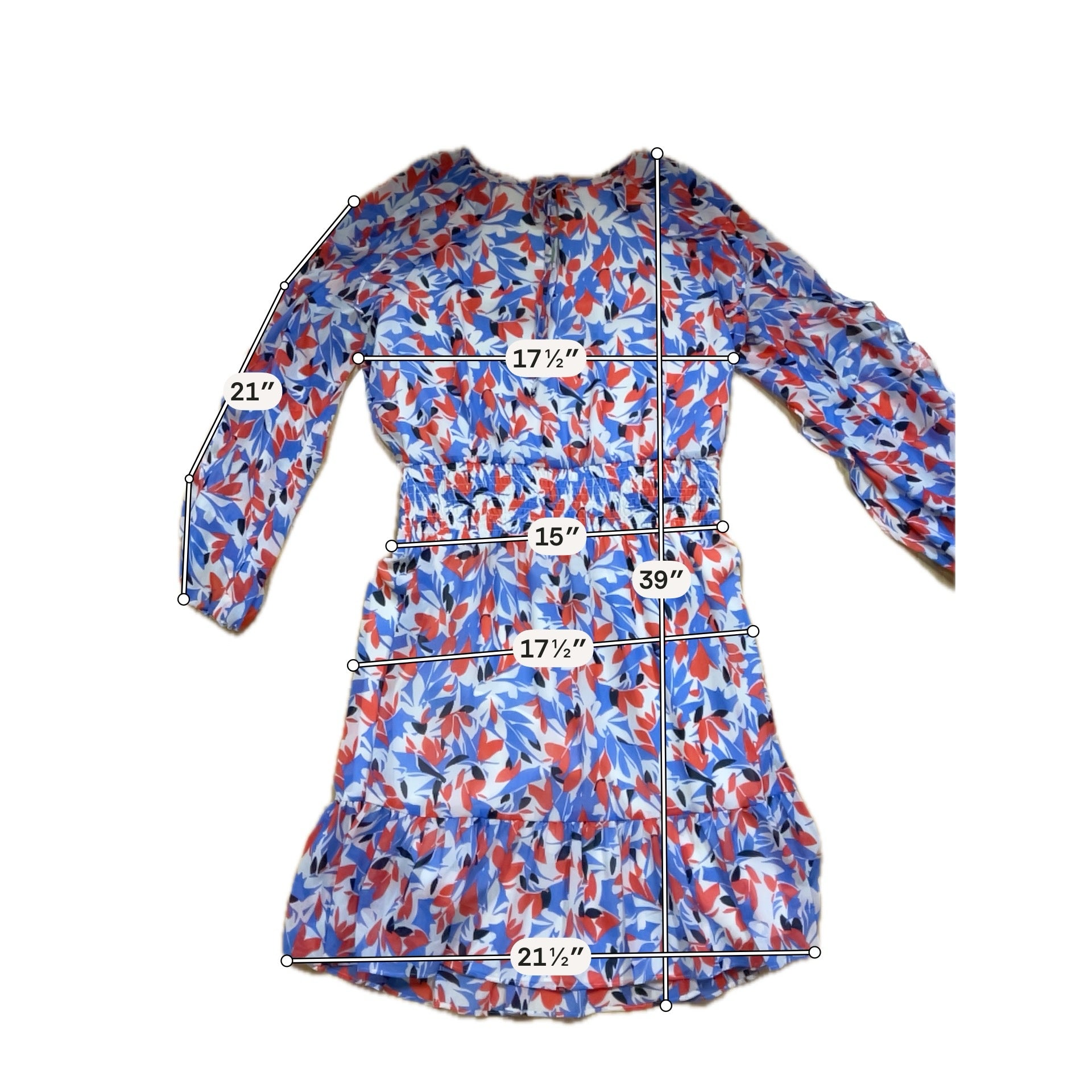 Lauren Ralph Lauren Red & Blue Floral Long Sleeve A-Line Dress Size 12