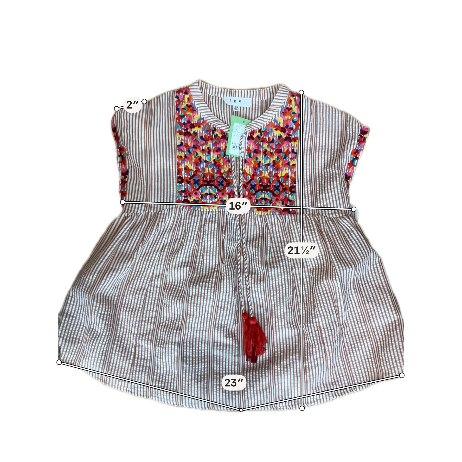 THML Striped Embroidered Tassel Tie Boho Peasant Top Size XS