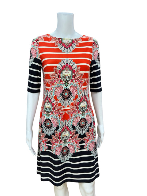 Eliza J Floral Shift Dress Size 4 White Orange Navy Elbow Sleeve Stretch Knit