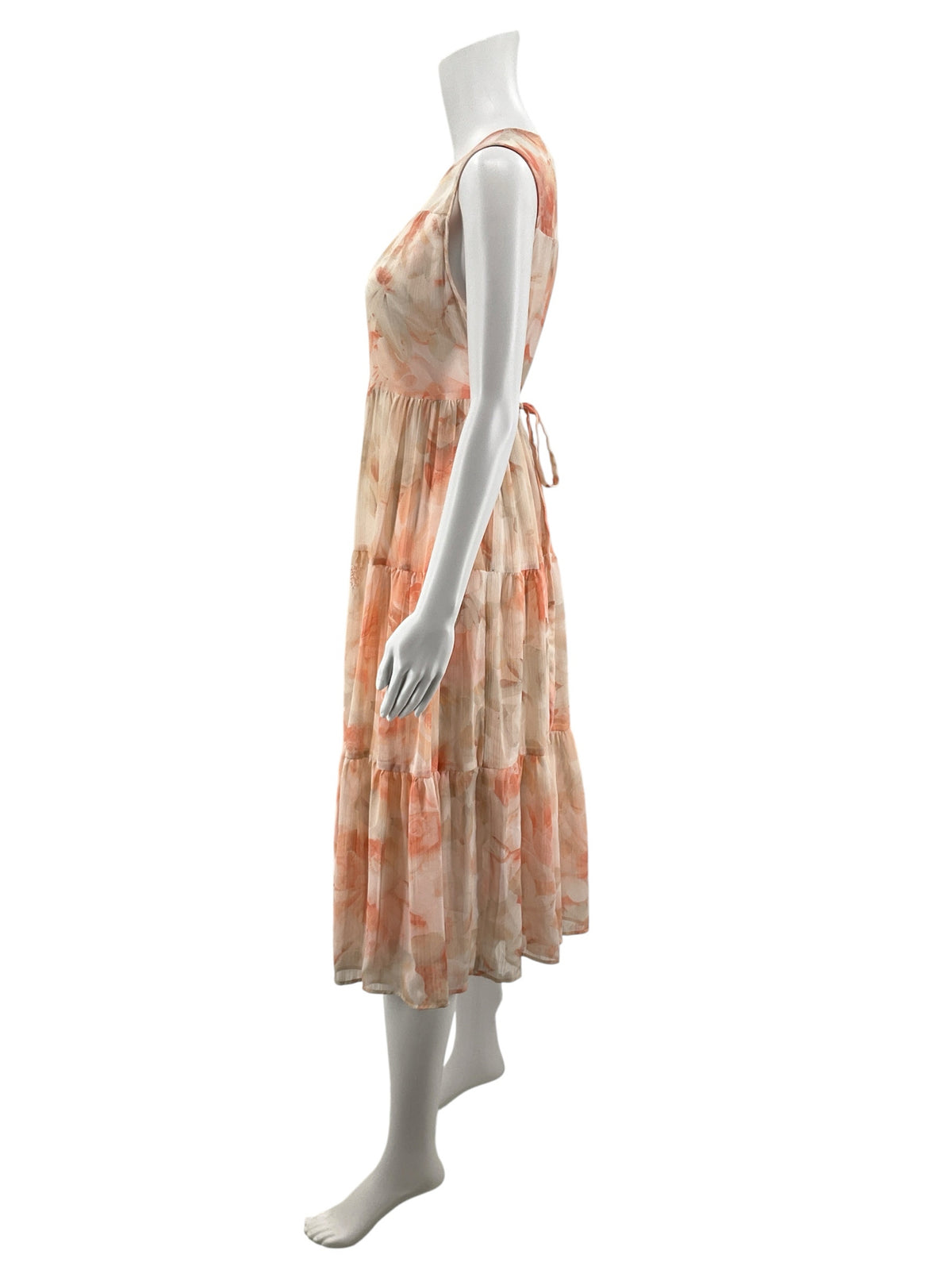 Calvin Klein Peach Floral Tiered Chiffon Midi Dress | Size 4 - ONLINE ONLY