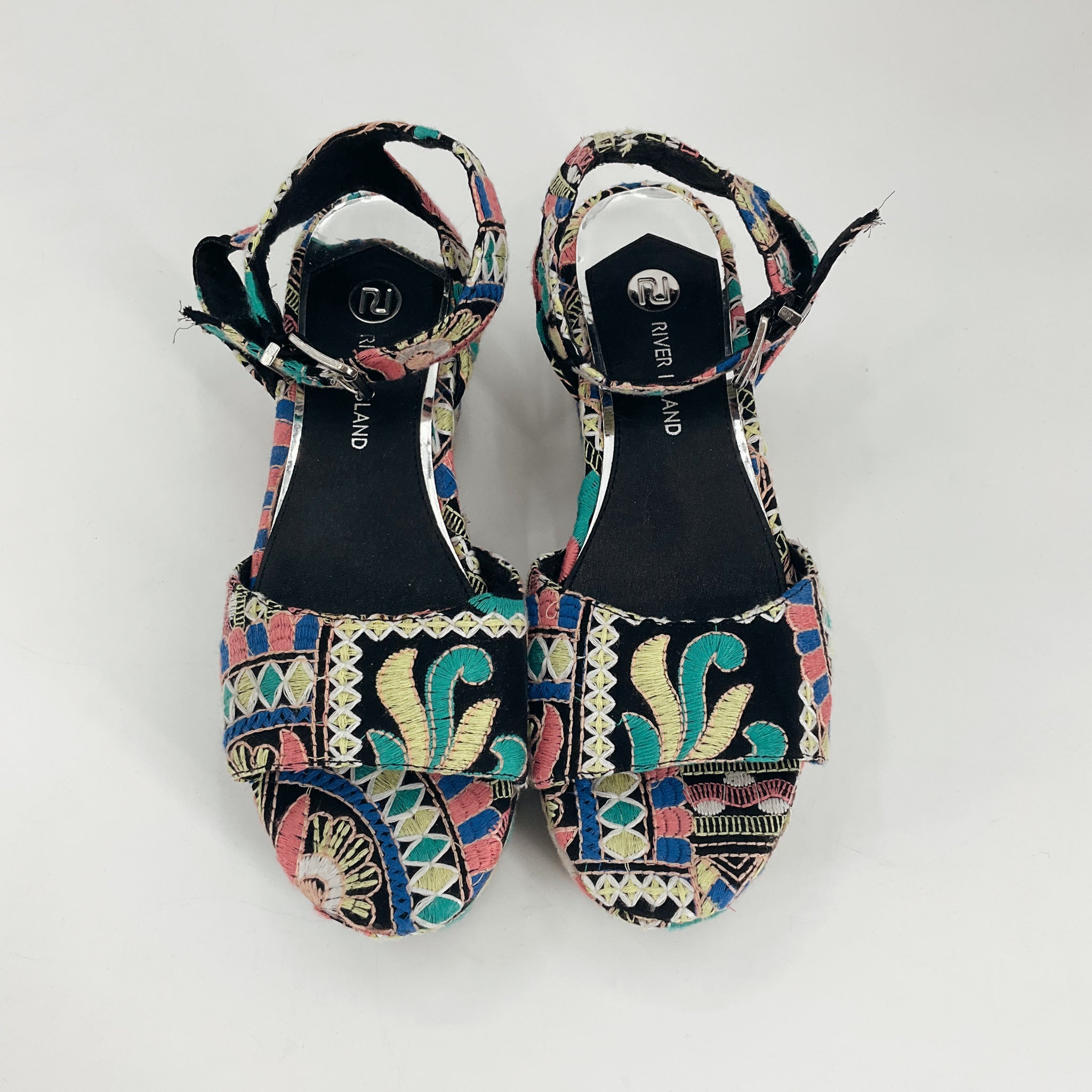 River Island Teal/Black/Pink/Yellow/Blue Pre-Owned Ladies Wedge Sandals - Size 7 - Margaret’s Fine Consignment