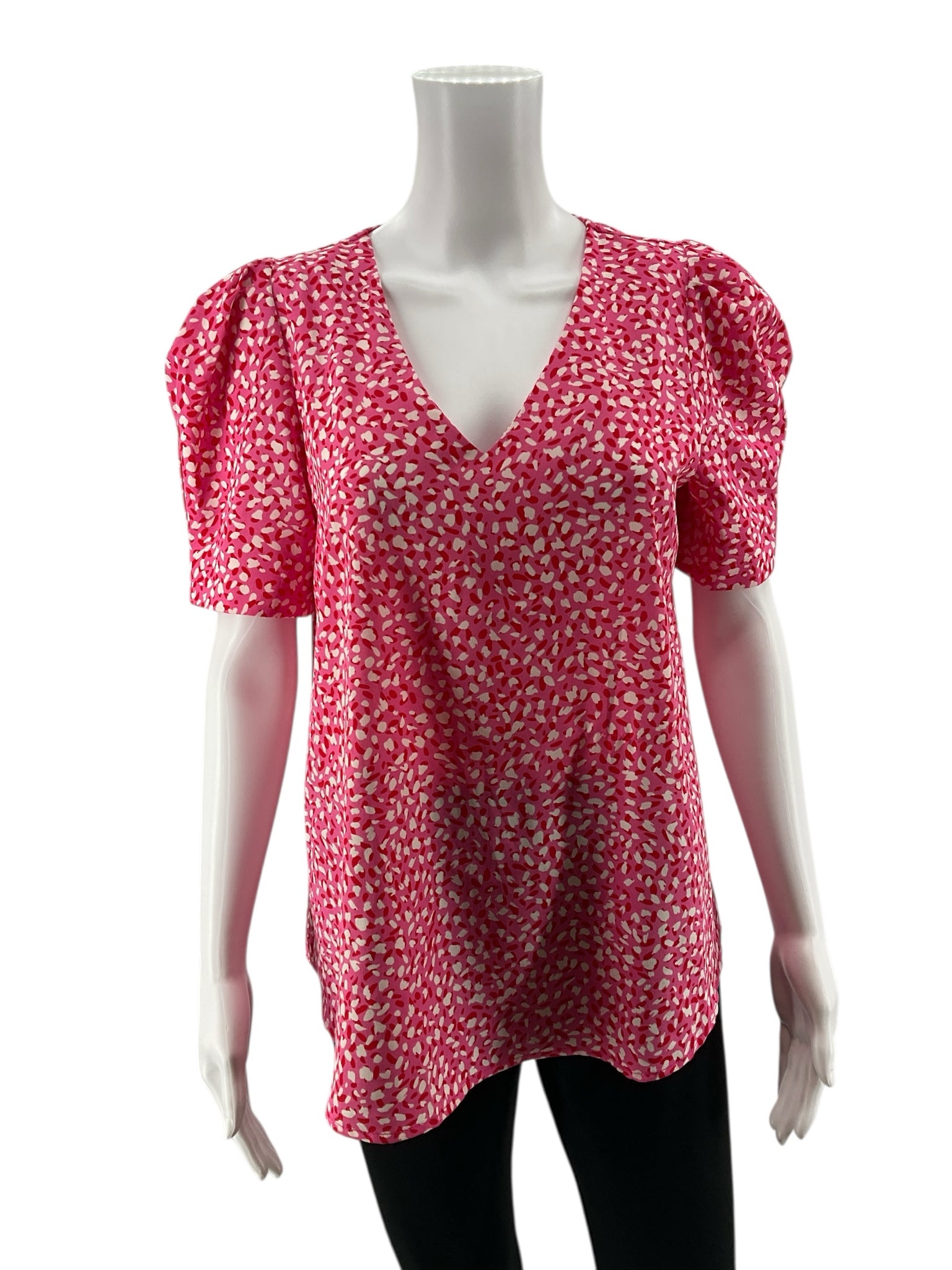 Jodifl pink/red/white Short Sleeve Pink & Red Confetti Dot Puff Sleeve Blouse Top Size Small - Size S