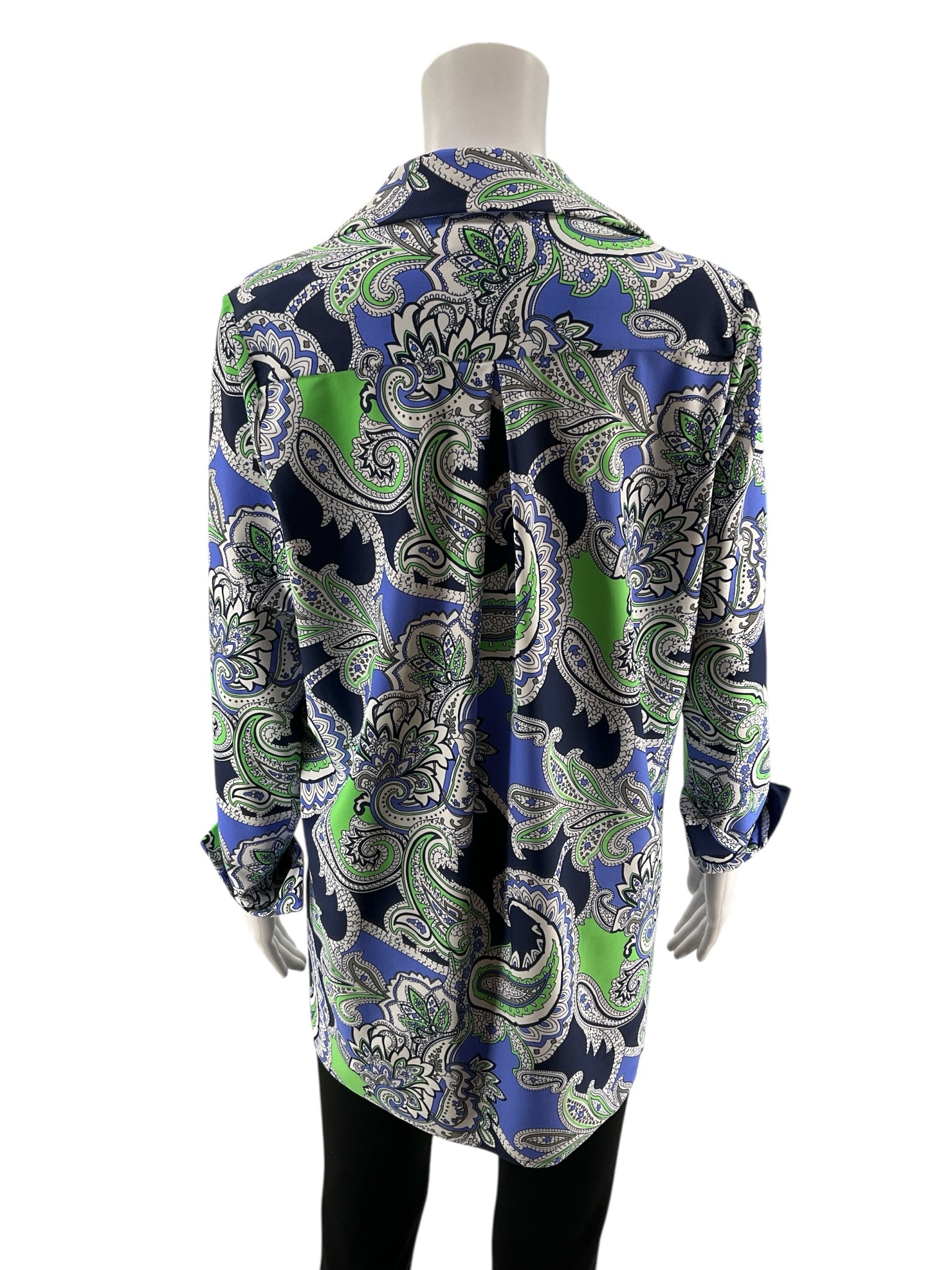 Jude Connally Trixie Tunic Top M Blue Green Paisley Roll Tab Sleeve Pre-Owned