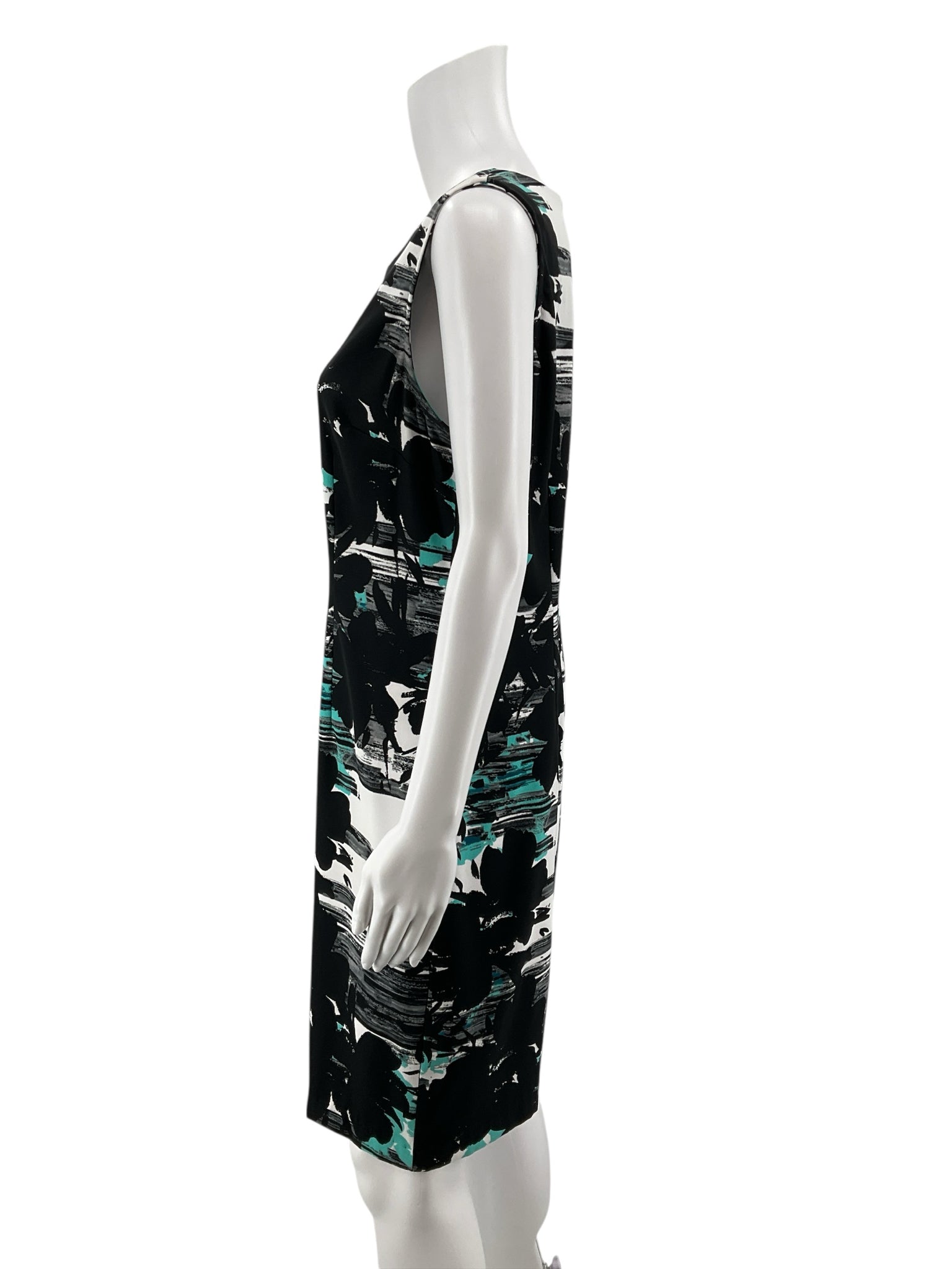 Connected Apparel Floral Sheath Dress Black White Teal Size 12