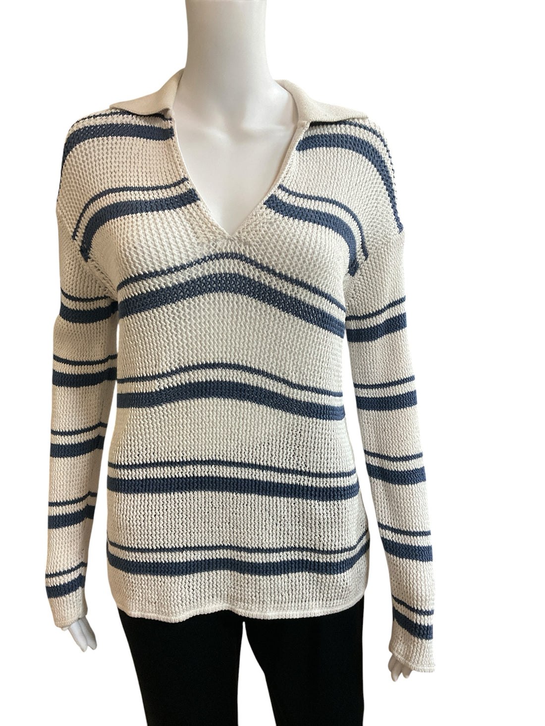 Vince Variegated Stripe Polo Sweater Womens Size Medium Ecru Blue Cotton Knit Top