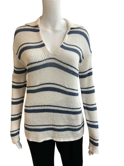 Vince Variegated Stripe Polo Sweater Womens Size Medium Ecru Blue Cotton Knit Top