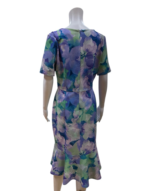 London Times Purple/Green Bodycon Floral Twist-Front Midi Dress Size 10 - Size 10