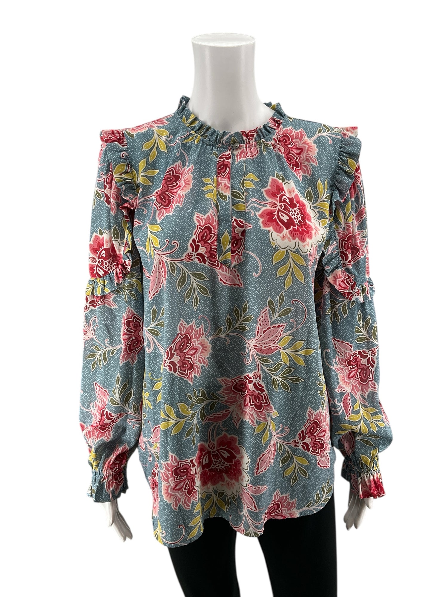LOFT Blue/White/Mauve Long Sleeve Floral Dot Ruffle Trim Peasant Blouse Blue White Medium - Size M