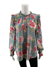 LOFT Blue/White/Mauve Long Sleeve Floral Dot Ruffle Trim Peasant Blouse Blue White Medium - Size M