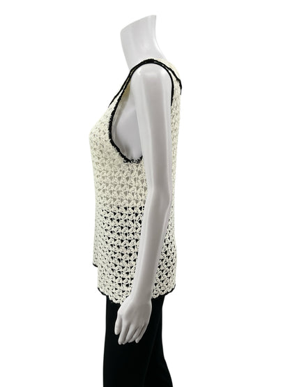 BiBi Cream/Black Sleeveless Cream Crochet Knit Tank Top Scalloped Black Trim Boho Sleeveless Top Size Large - Size L
