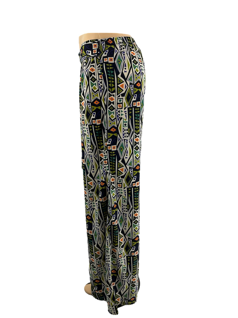 Side profile of Karlie Cream/Black/Blue Print Pre-Owned Palazzo Pants, size 6, showcasing relaxed bohemian fit and vibrant pattern.