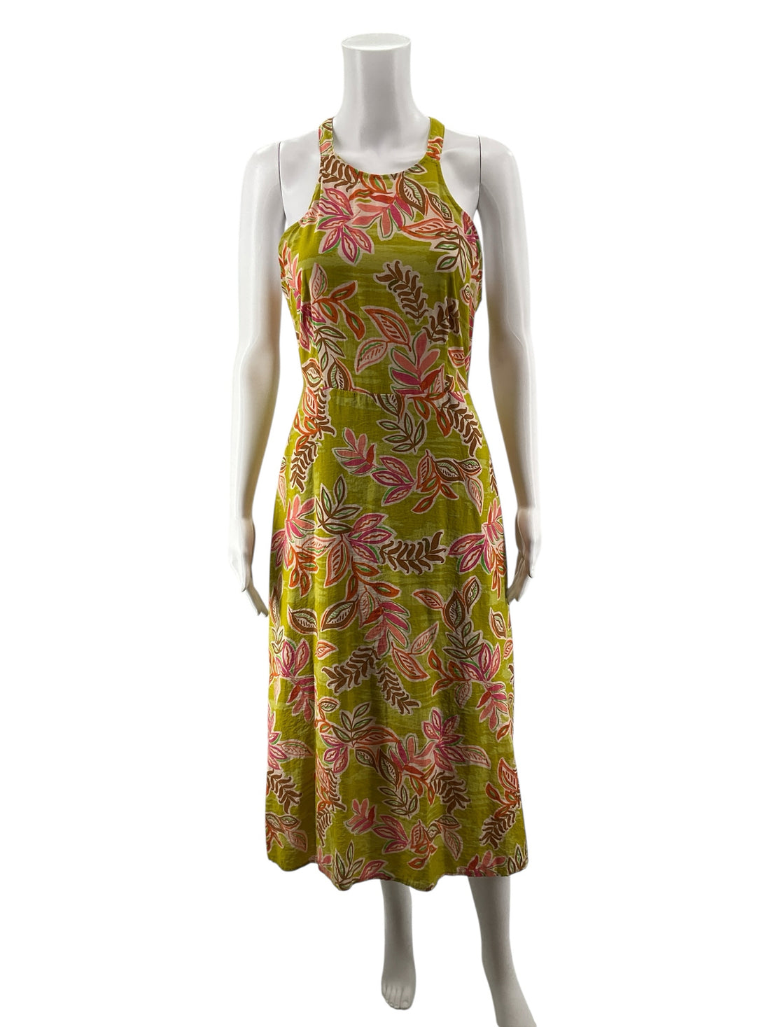 en creme green/brown/pink Midi Tropical Leaf Print Open Back Lace-Up Midi Dress | Size Large - Size L