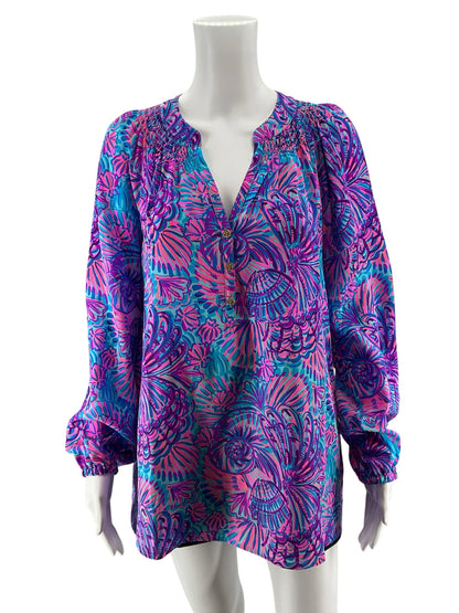 Lilly Pulitzer Elsa Silk Top Macaw Blue Big Flirt Blouse Size Large