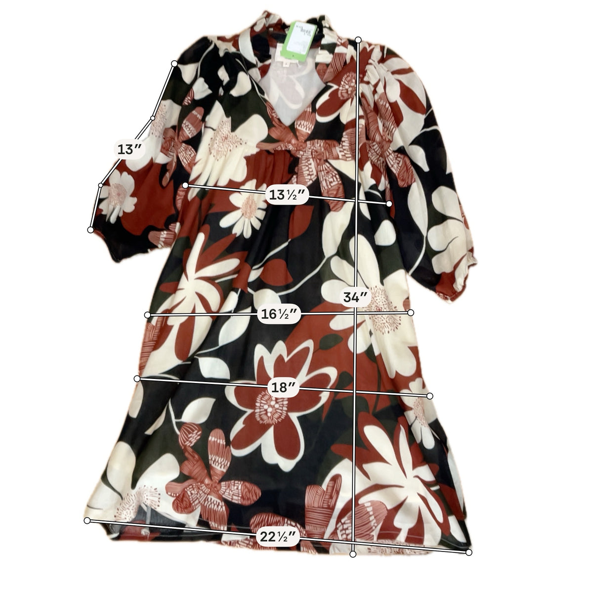 Umgee Rust Floral Boho Tunic Mini Dress 3/4 Sleeve Size Small - ONLINE ONLY