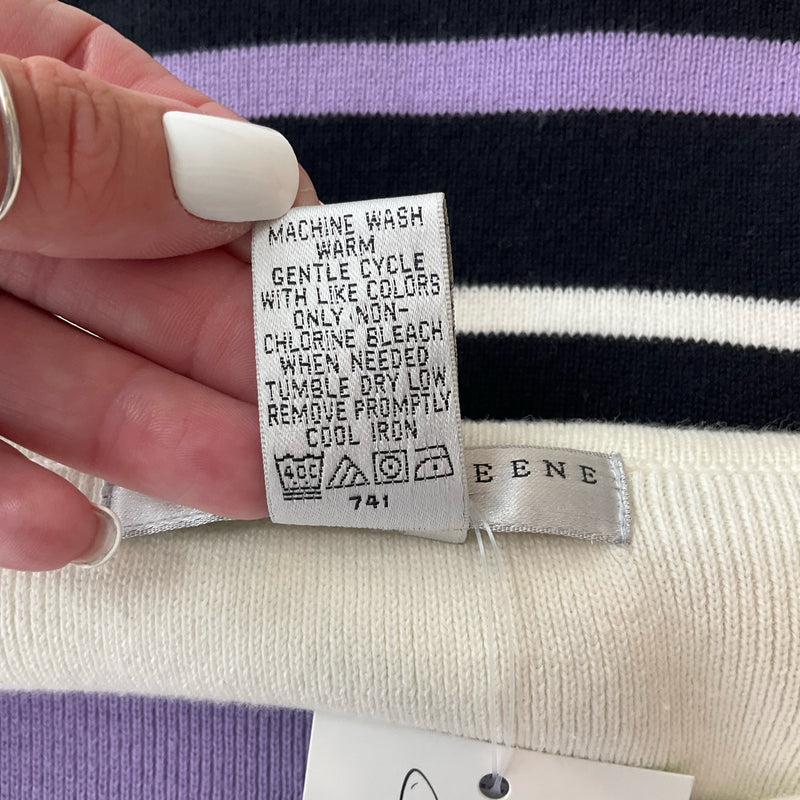 Geoffrey Beene White/Purple/Black Stripe Pre-Owned Casual Top - Size Medium - Margaret’s Fine Consignment