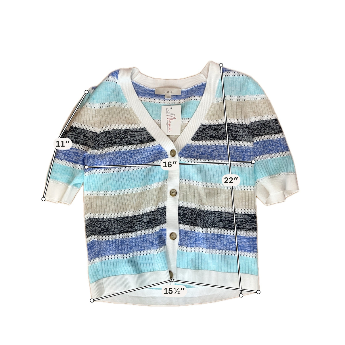 LOFT Striped Puff Sleeve Cotton Sweater Cardigan Size Large - ONLINE ONLY