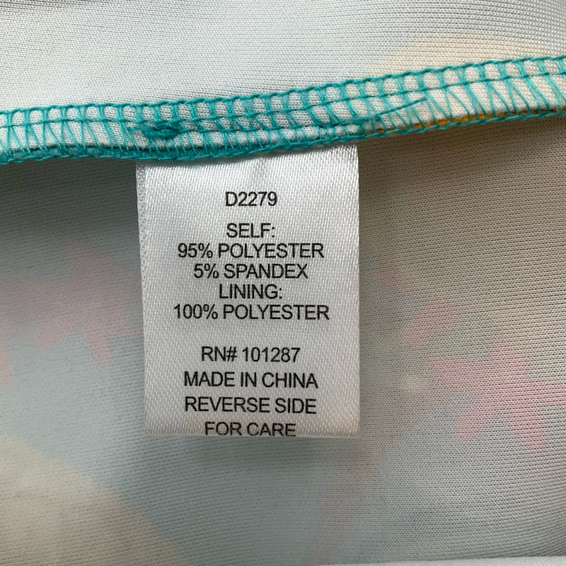Fabric content tag of Alexia Admor fruit print dress, listing 95% polyester and 5% spandex with 100% polyester lining, style D2279.