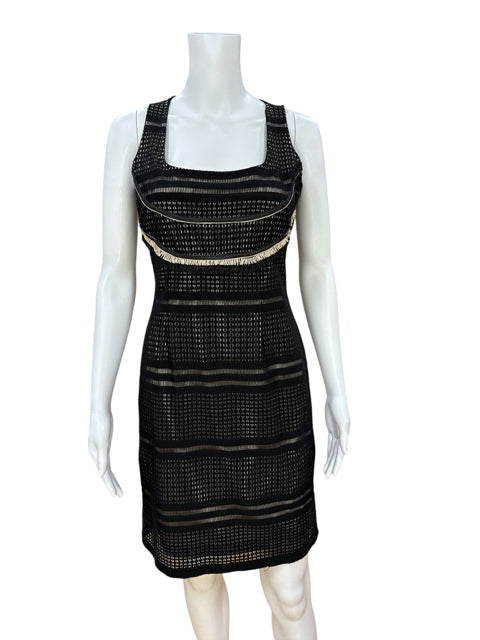 Save The Queen! black/tan Sheath Black &amp; Tan Fringe Mesh Sheath Dress Size Medium - Size M