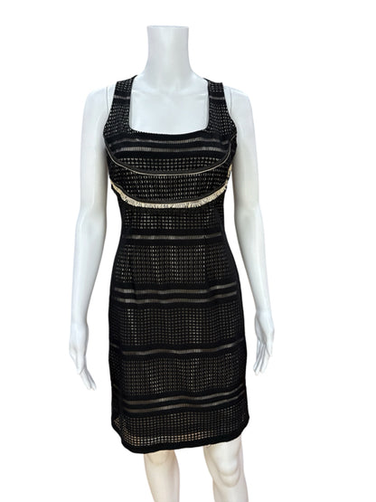 Save The Queen! black/tan Sheath Black &amp; Tan Fringe Mesh Sheath Dress Size Medium - Size M