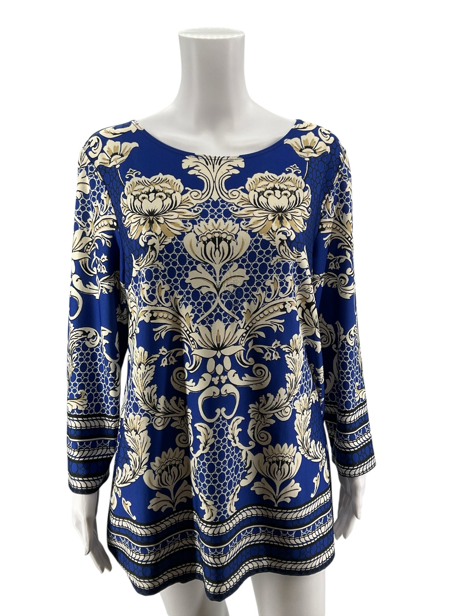 Sunny Leigh Blue Tan Baroque Floral Print Tunic Top Size XL