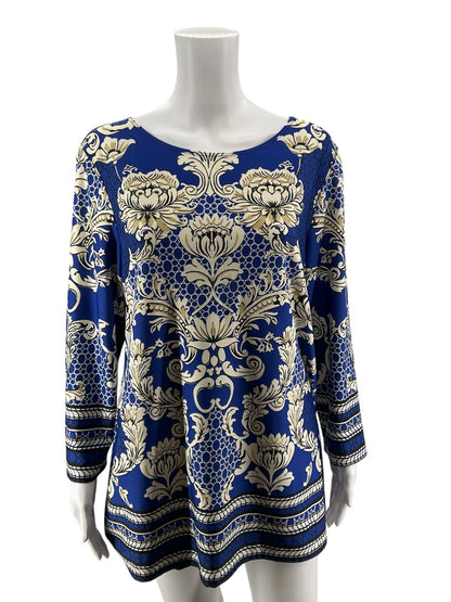 Sunny Leigh Blue Tan Baroque Floral Print Tunic Top Size XL
