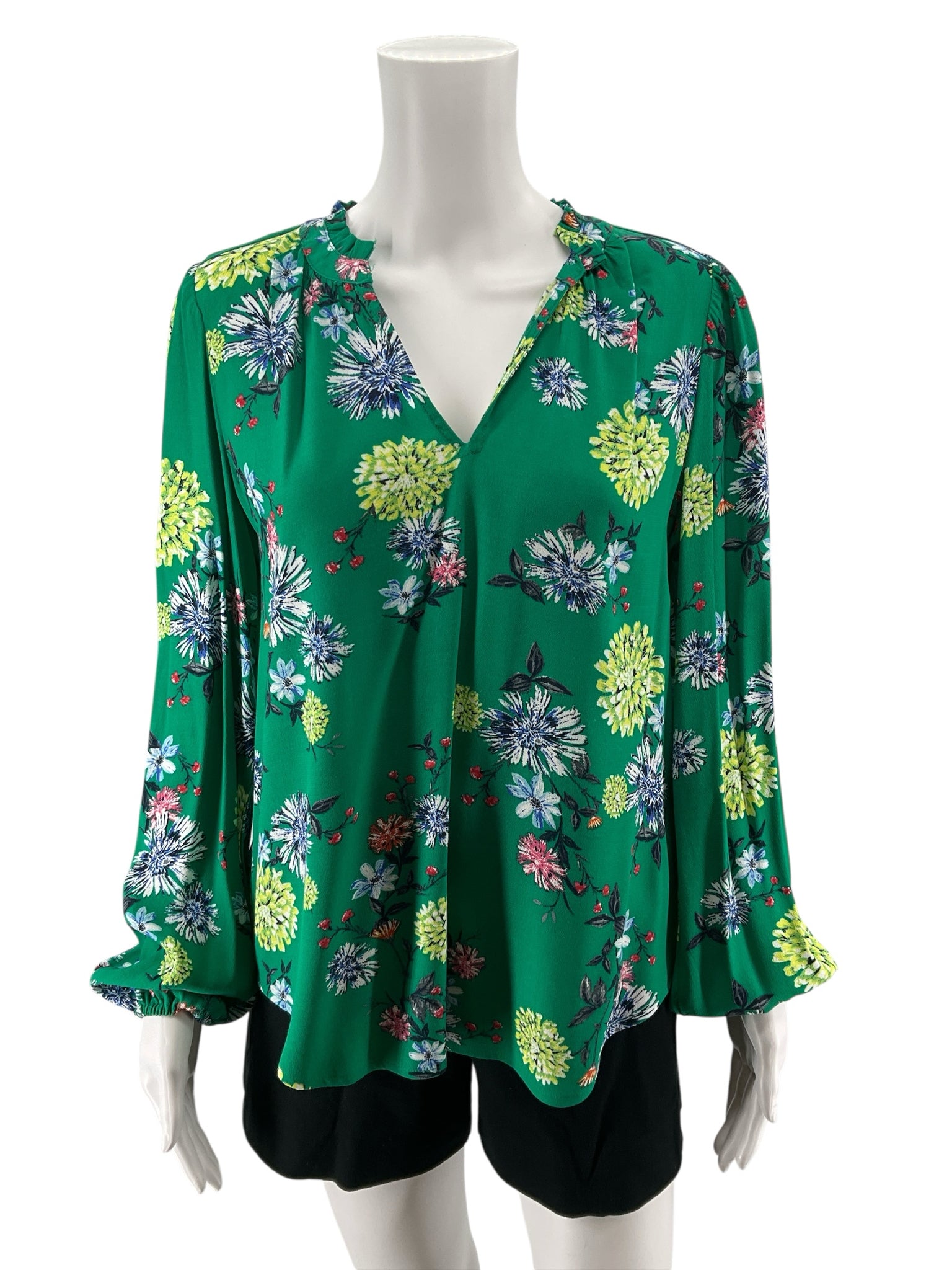 LOFT Floral Ruffle Split Neck Bishop Sleeve Blouse Green XS