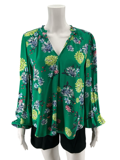 LOFT Floral Ruffle Split Neck Bishop Sleeve Blouse Green XS