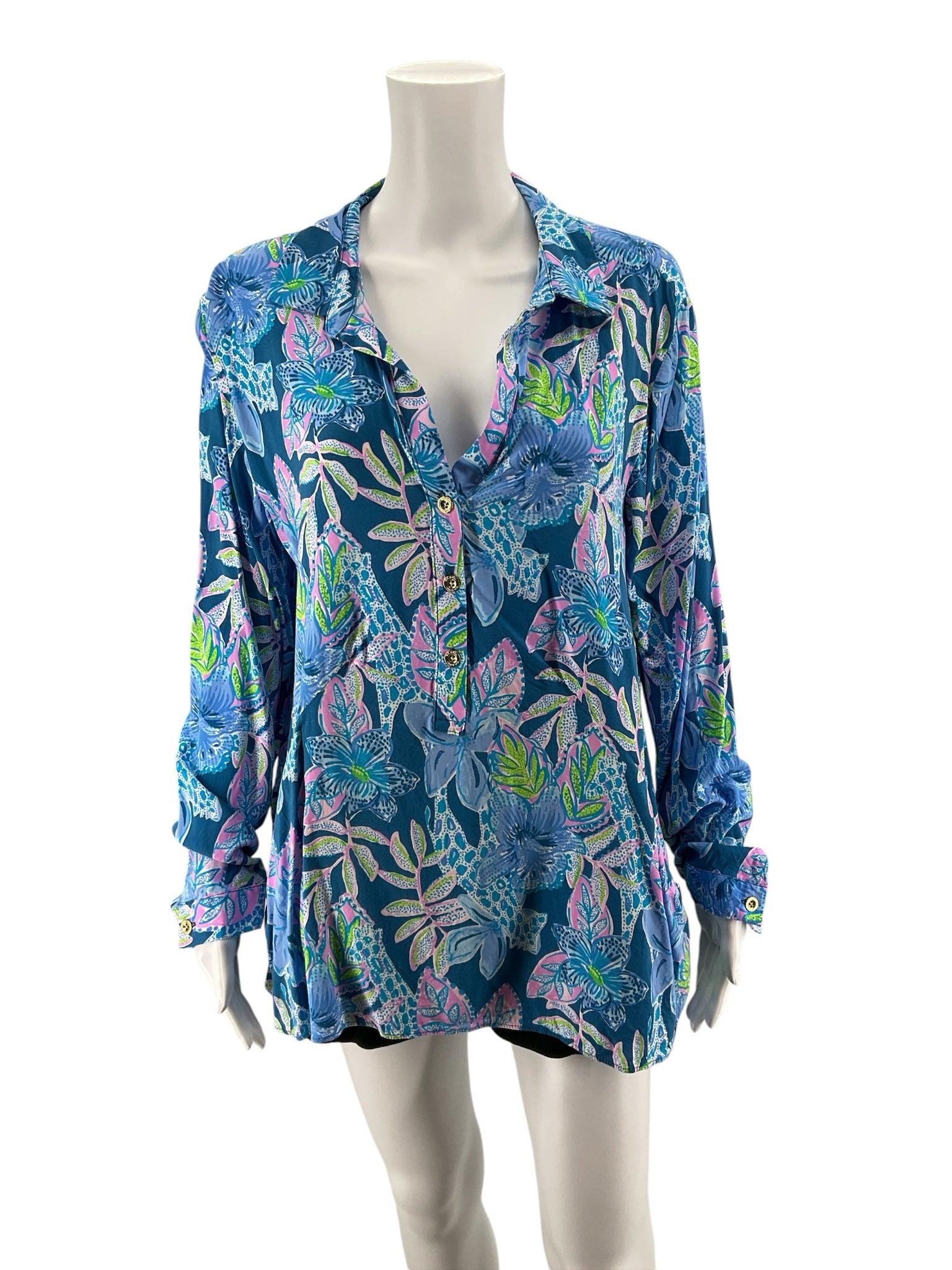 Lilly Pulitzer Size L blue/green/pink Floral Pre-Owned Casual Top - Downstairs